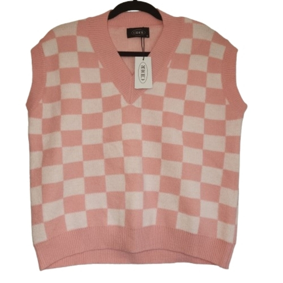 NWT Cider Pink/White Checkered Sweater Vest Size XL Soft Cozy Ribbed V-Neck - Picture 2 of 10
